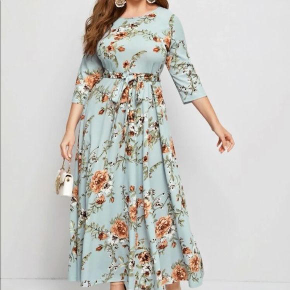 Boho green  floral print belted maxi dress - Picture 1 of 11